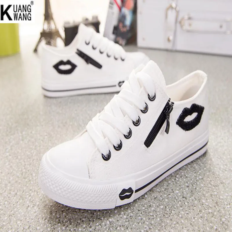 

KUANGWANG low to help with red lips side zipper canvas shoes High quality low to help shallow mouth women's casual shoes