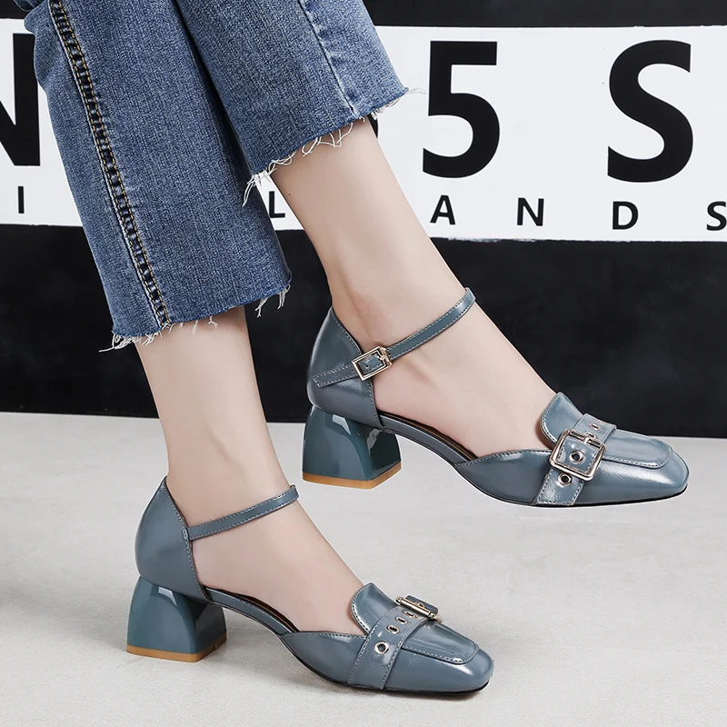 

2018 Summer Women 5cm Low High Heels Lady Sexy Sandals Female Block Square Thick Heels Pumps Buckle Strap Blue Cute Dress Shoes