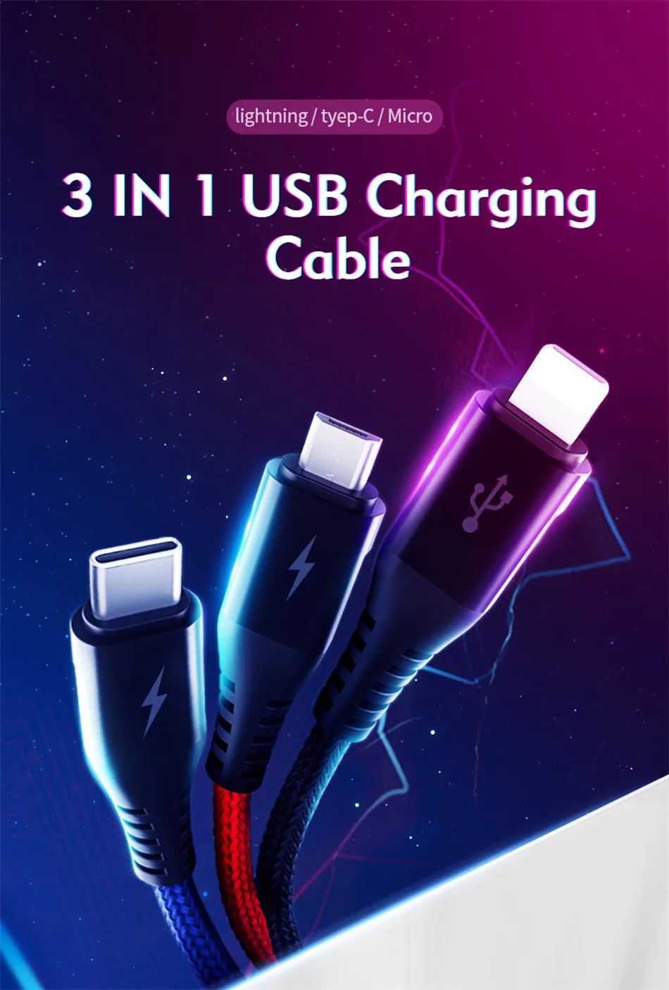 Benks Universal 3 In 1 Lighting Charger Cable For iPhone X 7 8 6 Plus Micro USB Type C For Oneplus Xiaomi 5 Phone Charging Cable (1)