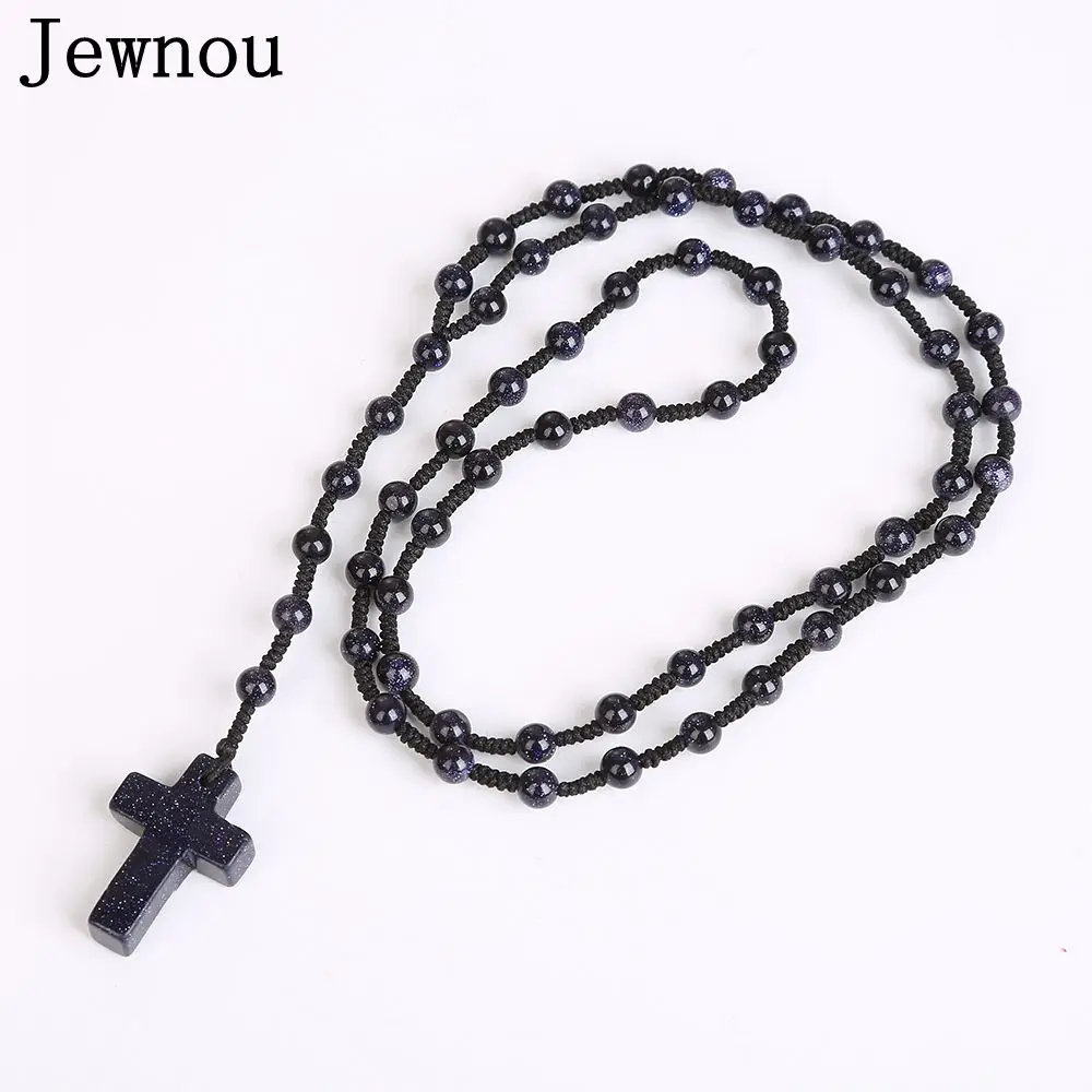 

Jewnou Blue Sandstone Necklace Cross Religious Natural Stone Bead Long Strand Catholic Rosary Women Jesus Jewelry Vintage Amulet