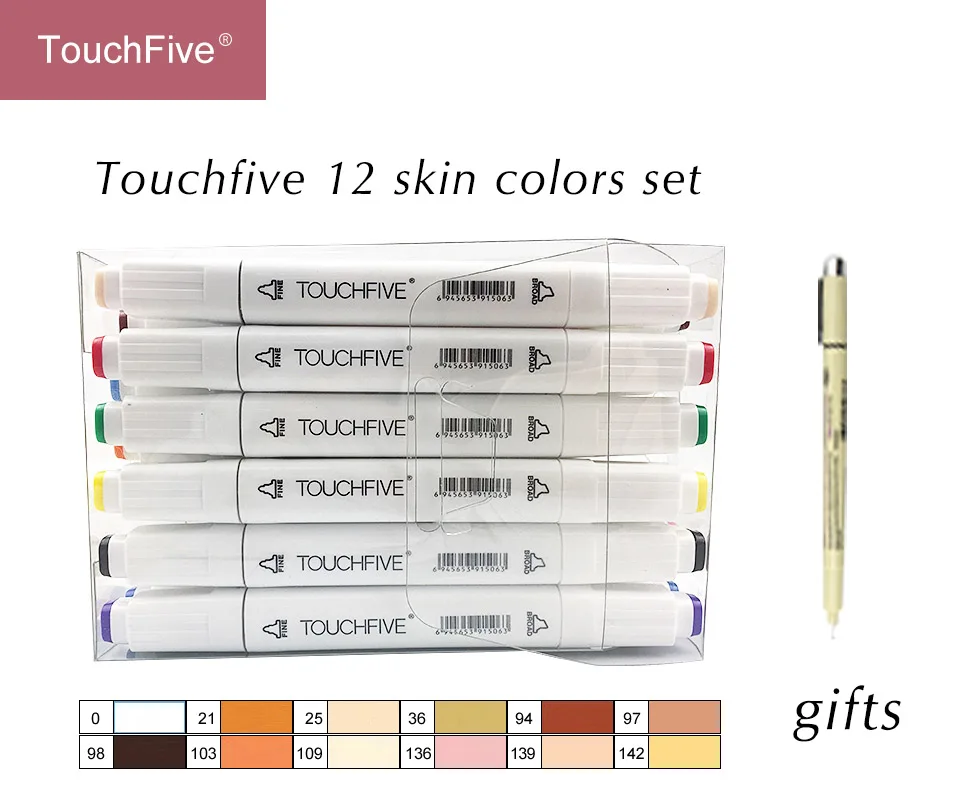 Touchfive-12white TouchNEW 12/24 цветов тон кожи набор маркеров для эскизов двойная головка на спиртовой основе чернила Маркеры Ручка для рисования анимационные товары для рукоделия - Цвет: Touchfive-12white