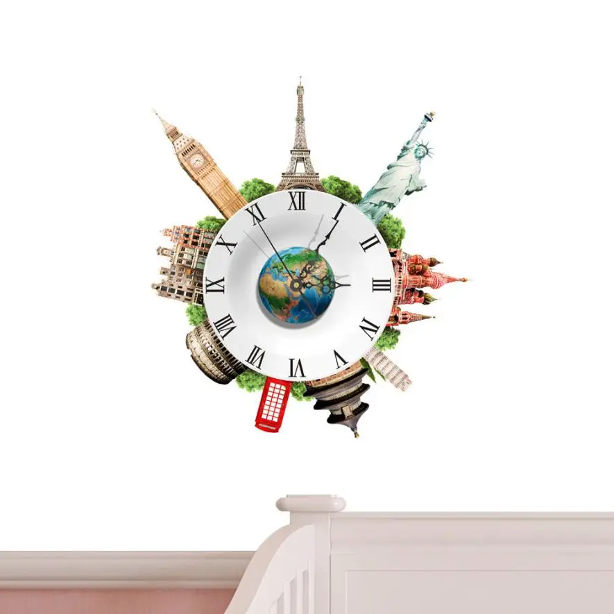 Wall Clock   DIY 3D Wall Stickers Clock World Earth Wall Decal Clock 3D Art Wall Clock 5.30