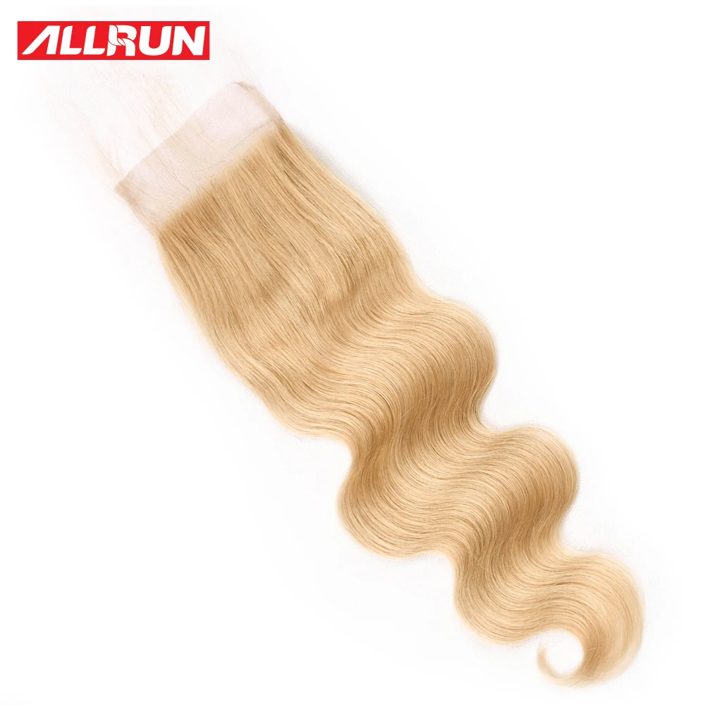 Allrun Pre-Colored Pure Golen #27 Brazilian Human Hair Bundles With Closure Body Wave Hair Bundles With Closure 4*4 Remy Weave