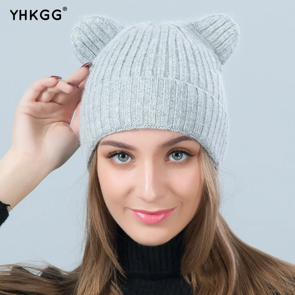 YHKGG Knitted Caps With Cat Ears Pure Color Women Hats 2018 Lady Girls