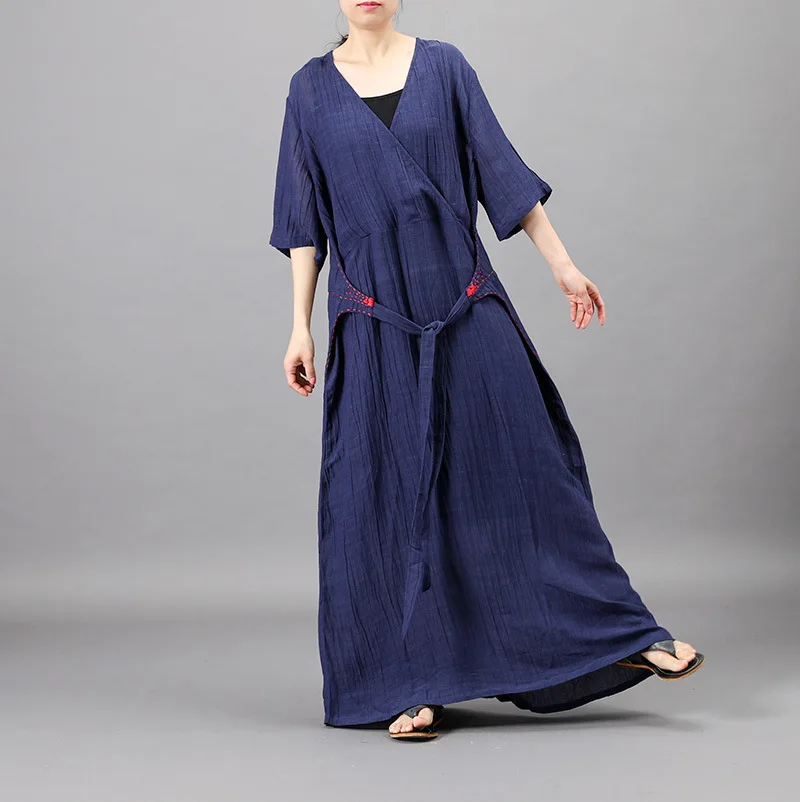 Женское льняное платье Johnature Повседневное до середины икры с коротким рукавом и