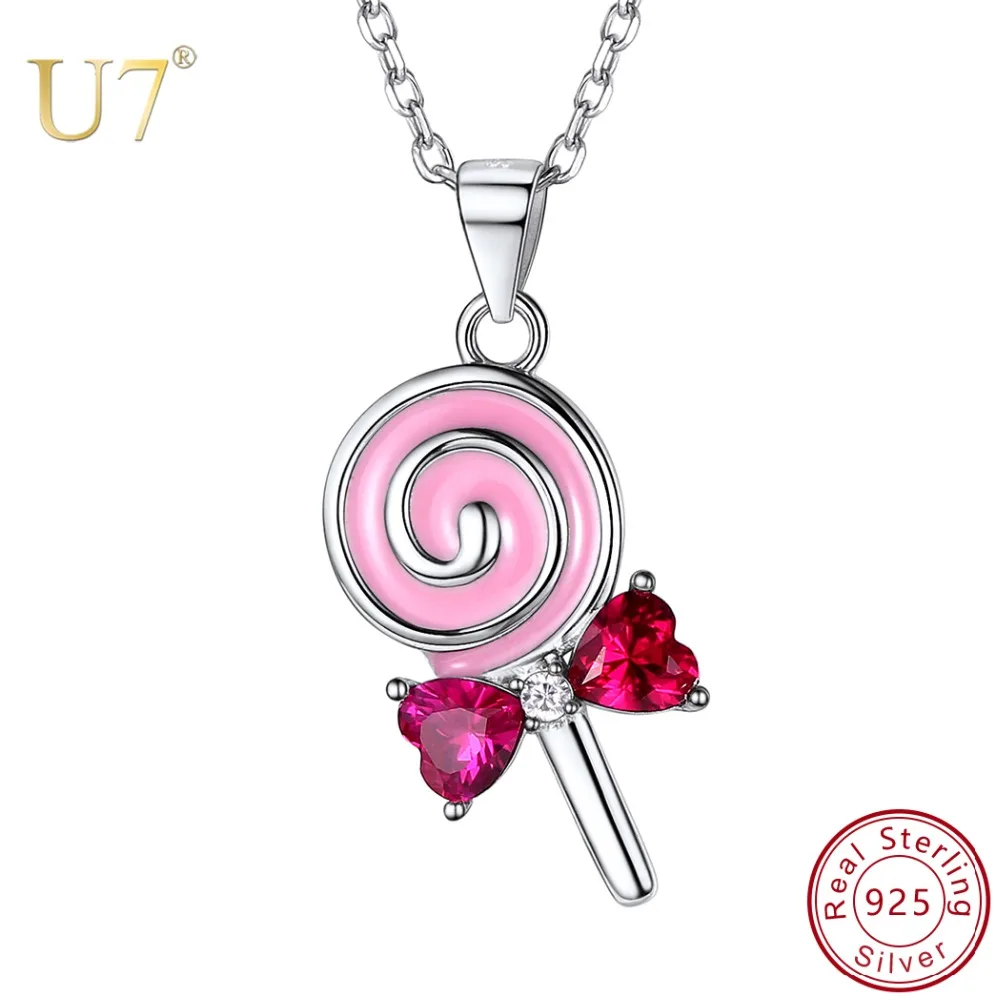 U7 925 Sterling Silver Cute Lollipop Candy Necklaces Gift for Women
