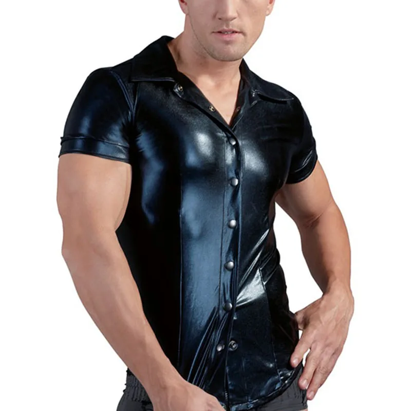 Black Sexy Mens Soft Faux Leather Short Sleeve Shirt Tops with Turn Down Collar Solid Tights