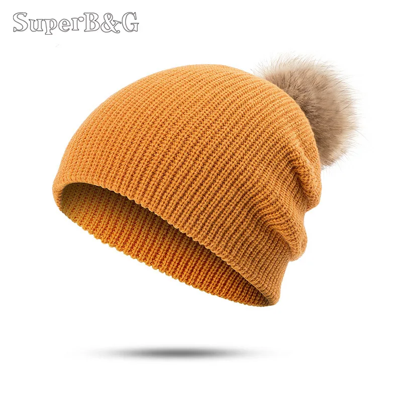 SuperB& G, дизайн, теплая зимняя шапка с помпонами для женщин, одноцветная вязаная шапка бини Skullies, женская шапка Gorros, зимняя шапка