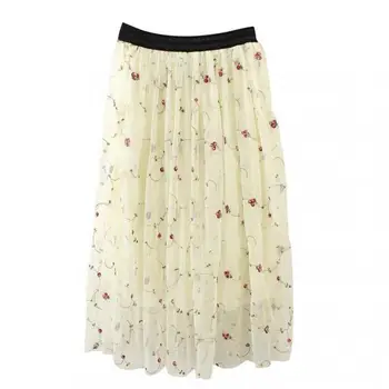 

New Style Elastic Temperament Dimensional Embroidery Flower Tulle Skirt Women Midi Skirt Fast Shipping
