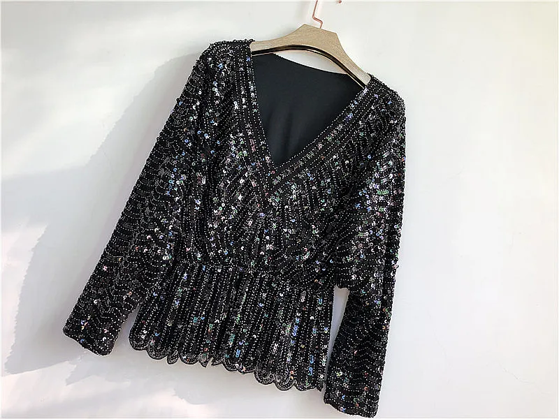 Colors Ruffles Sequined Beading Women Luxury  Fashion V-neck Batwing Sleeve Pullovers Blouse Top 20
