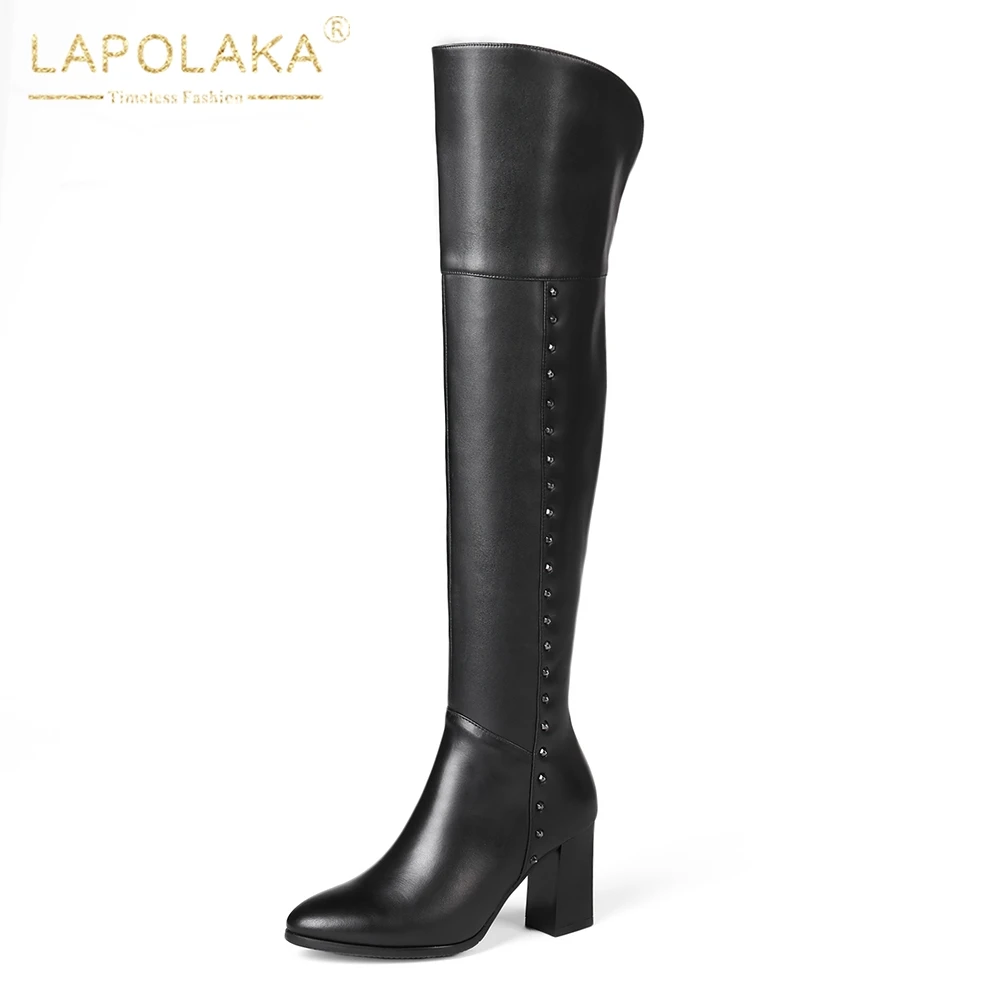 

Lapolaka 2018 Plus Size 31-45 Genuine Leather Thick Heels Cow Leather Boots Woman Shoes Zip Up Over The Knee Boots Female