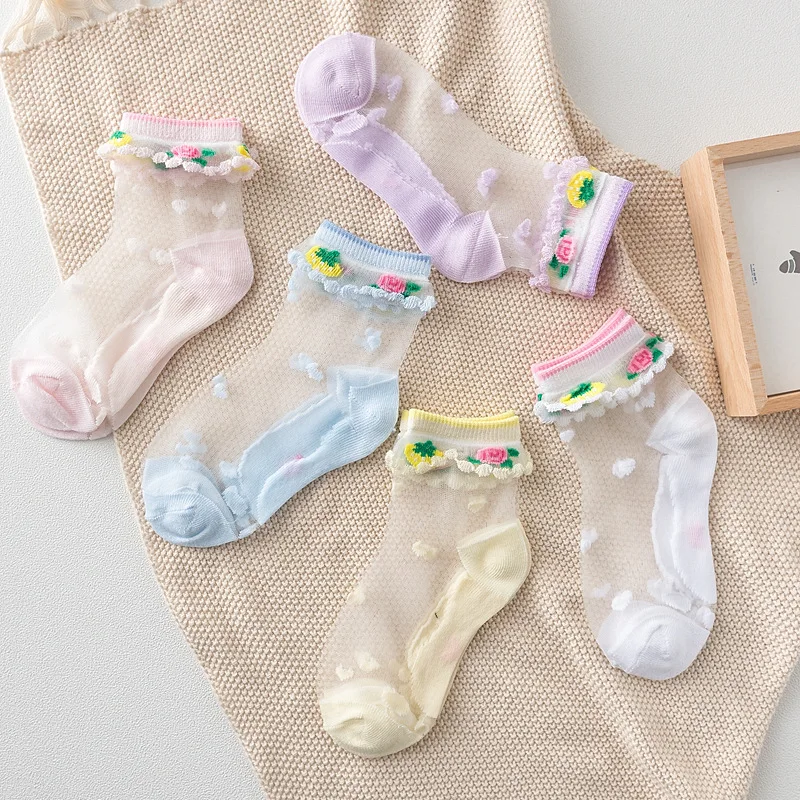 5 пар/партия, г. Новые летние детские кружевные носки с кристаллами ультратонкие дышащие носки с принтом для девочек модные эластичные кружевные детские носки