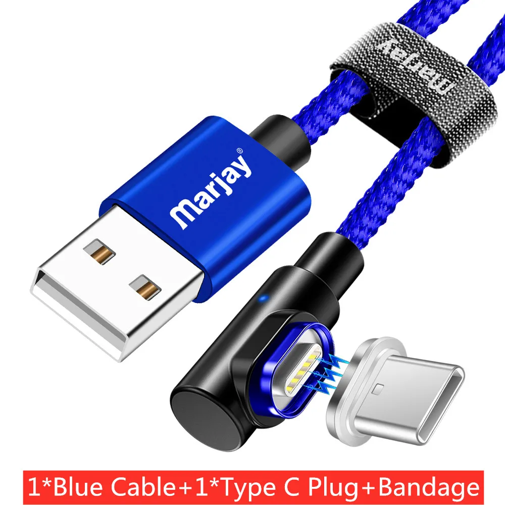 Marjay usb type C кабель 90 градусов 3A Быстрая зарядка type-C Магнитный кабель для samsung S8 S9 S10 Plus Xiaomi mi8 mi9 магнит USB-C - Цвет: Blue