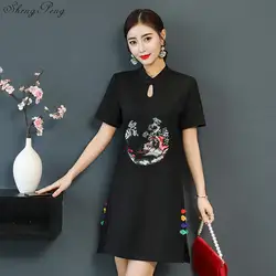 2018 летняя Черная Женская Ретро китайское традиционное платье хлопка cheongsam женская Повседневная Дизайн qipao Q240
