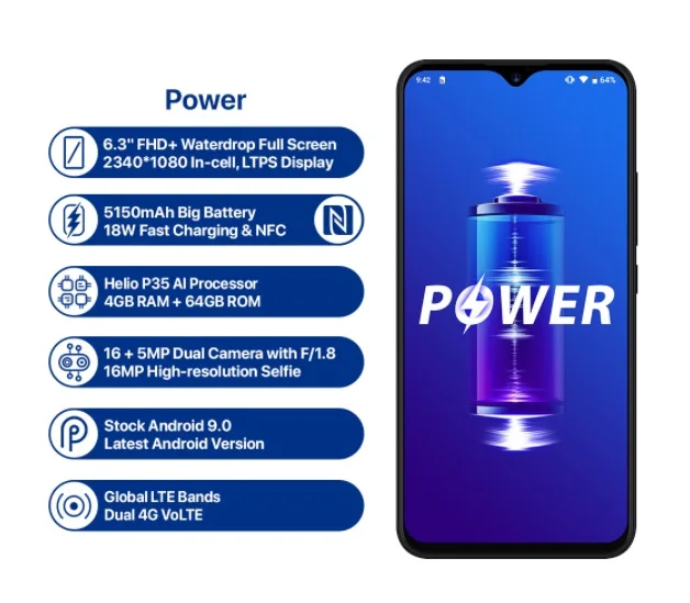 

UMIDIGI Power 6.3 inch Water-drop Full Screen Smartphone 4GB+64GB 5150mAh 16MP Android 9.0 Mobile Phone Dual SIM 4G OTG NFC