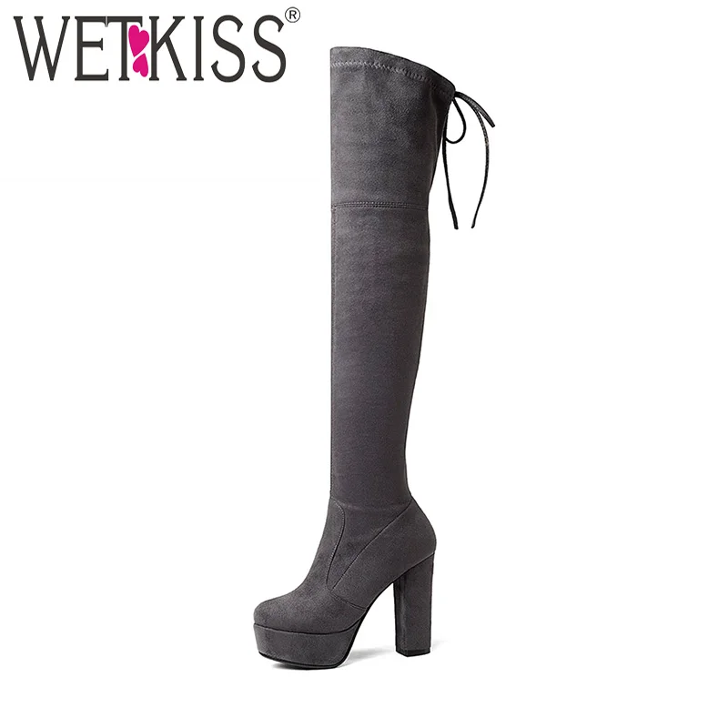 WETKISS/Большие размеры 34-43; женские ботфорты; пикантные эластичные высокие сапоги из флока; зимние сапоги на платформе и толстом высоком каблуке