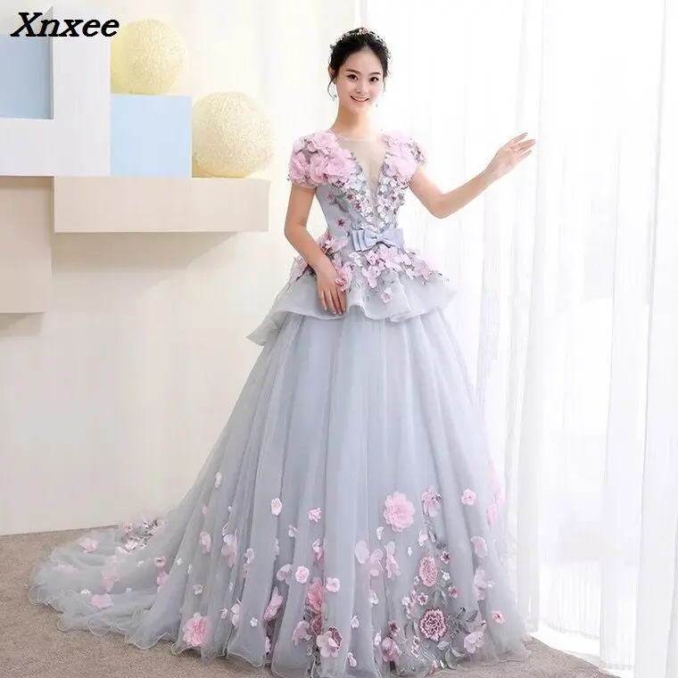 

Xnxee New Ball Gown Arabic Dress For Wedding Scoop Hand Flowers Princess Bridal Gowns 2018 vestido de noiva Robe De Mariage