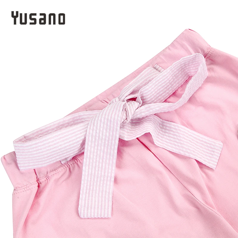 Yusano Pajamas Women Embroidery Camisole Short Sleeve Ruffle Sleepwear Girl Blue Pink Stripe Homewear Cotton Top+Long Pants