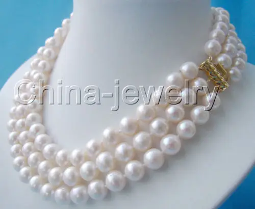 

Beautiful 3row 17-19" AAA 10mm white round freshwater pearl necklace NEW