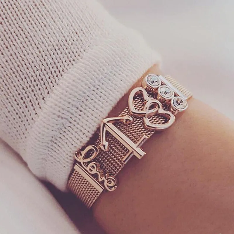 

Somsoar Jewelry Rose Gold Sunburst Cross Mesh Stainless steel Bracelet Set with DIY Charms as Mother's Day Gift