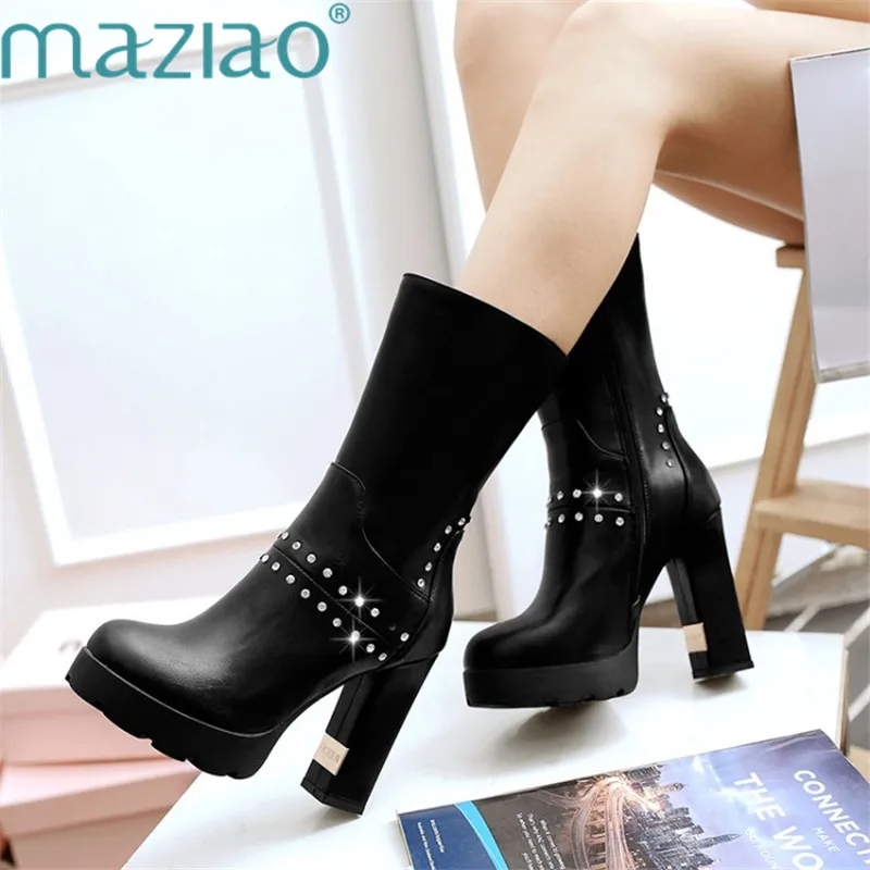 

Fashion Woman Boots High Heels Leather Ankle Boots Sexy Round Toe Rivet Platform Party Martin Boots MAZIAO