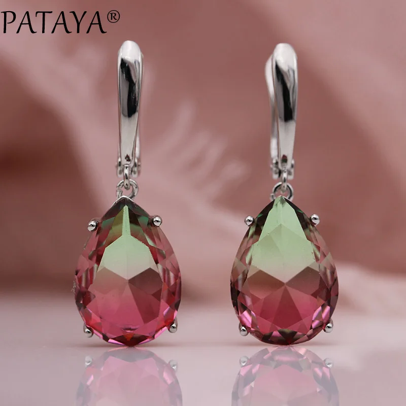

PATAYA New Tourmaline Color Long Earrings True White Gold Water Drop Natural Zircon Dangle Blue Earrings Women Fashion Jewelry