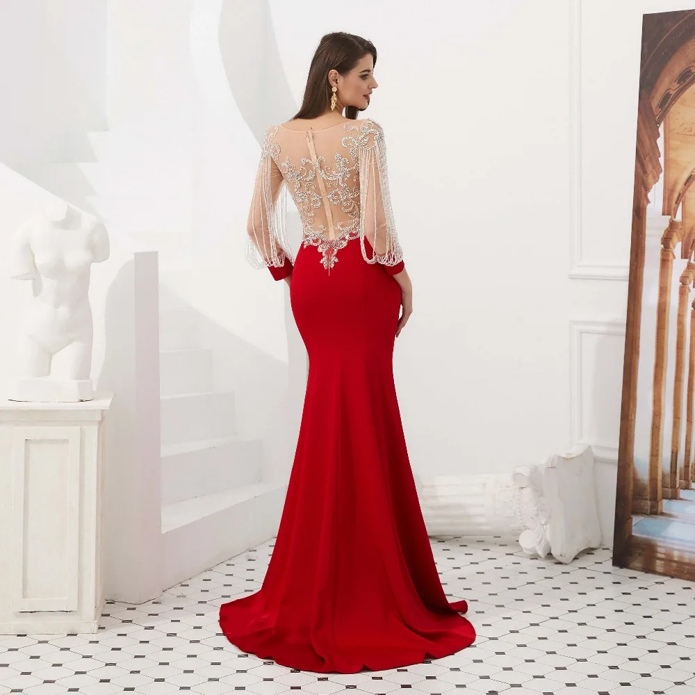 Lakshmigown элегантный красный с длинным рукавом Русалка Вечерние платья развертки поезд торжественное платье для женщин