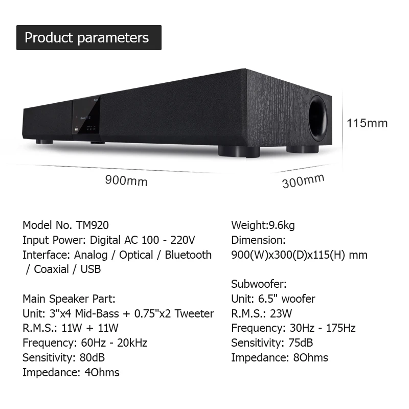 CAV TM920 Bluetooth Soundbar Колонка все в одном Цифровые усилители 2 1 звуковая панель DTS