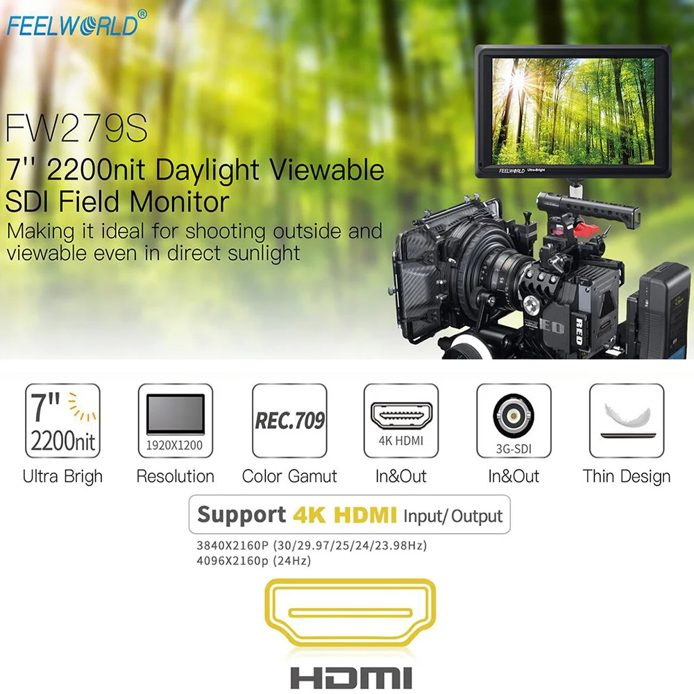 FEELWORLD FW279S 7 Inch IPS 2200nits 3G-SDI 4K HDMI Camera Field Monitor 1920X1200 DSLR Monitor for Shooting Video Filmmaking
