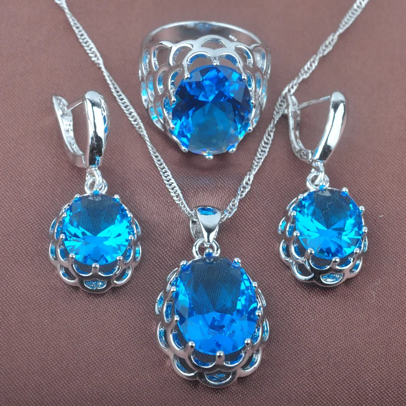 

925 Sterling Silver Jewelry Set Occident Style Blue Zircon Oval Wedding Jewelry Necklace Pendant Earrings Ring TZ0161