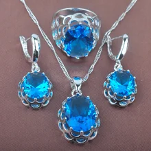 925 conjuntos de jóias de prata esterlina estilo occident céu azul zircão oval casamento jóias colar pingente brincos anel tz0161(China)
