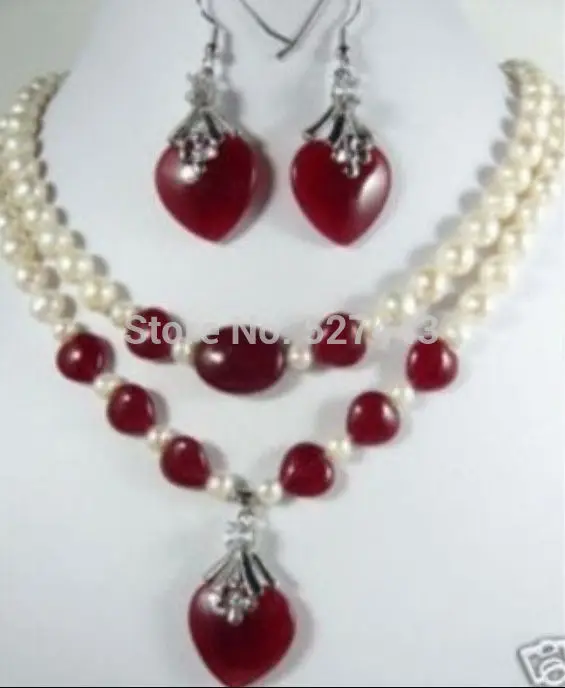 

Wholesale JWEW6561 beautiful red jade & Freshwater pearl pendant necklace earrings set (A0516)