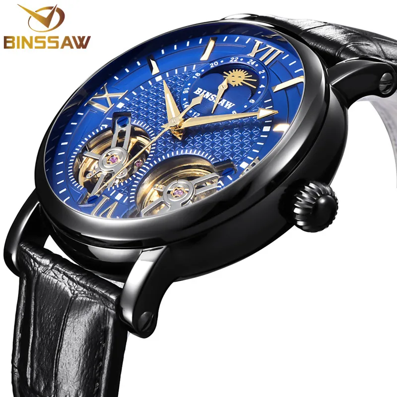 BINSSAW новые автоматические механические мужские часы с двойным турбийоном