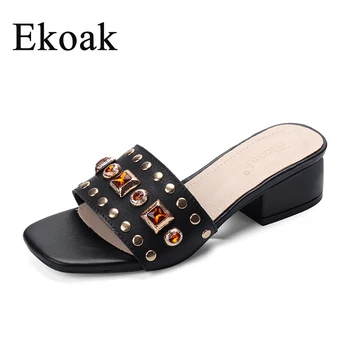 

Ekoak Genuine Cow Leather Fashion Crystals+Rivet Women Sandals Summer Shoes Woman High Heels Shoes Gladiator Sandals Beach Shoes