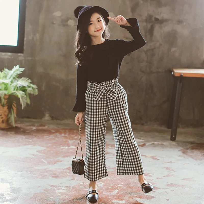 

2018 Spring Autumn New Girls Clothes Solid Color Horn Long-Sleeved Shirt + Plaid Trumpet Trousers Girls Suit Children Clothing