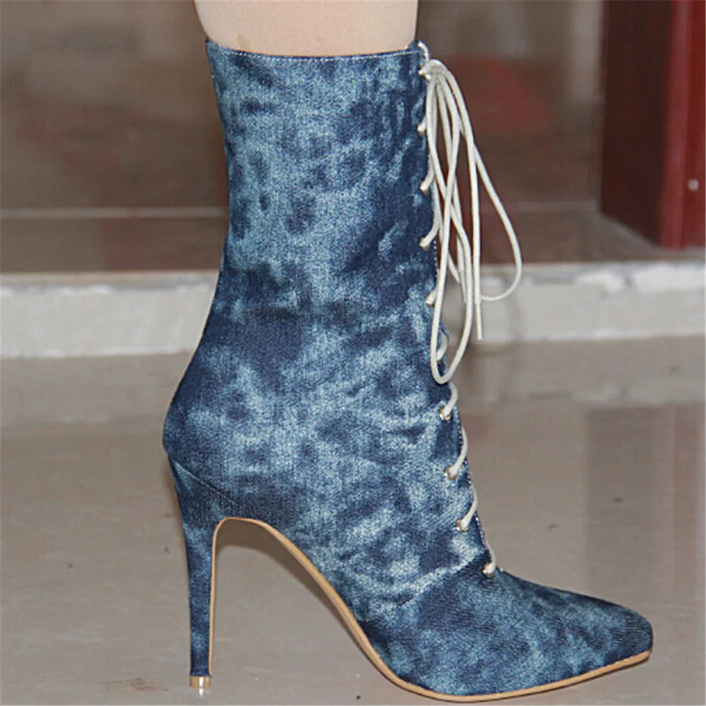 

SHOFOO shoes. Beautiful fashion women's shoes, Navy Blue leather, about 11 cm high heel boots, Mid-Calf boots. SIZE:34-45