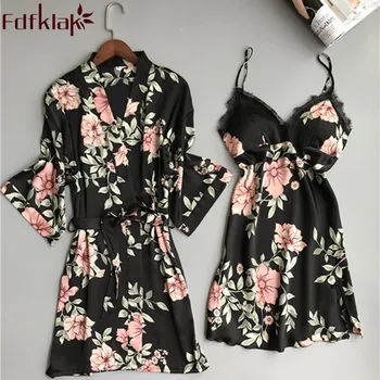 

Fdfklak M-XXL plus size spring summer new slik dressing gown set bathrobe sexy lingerie with robe sleepwear sets night wearQ1517