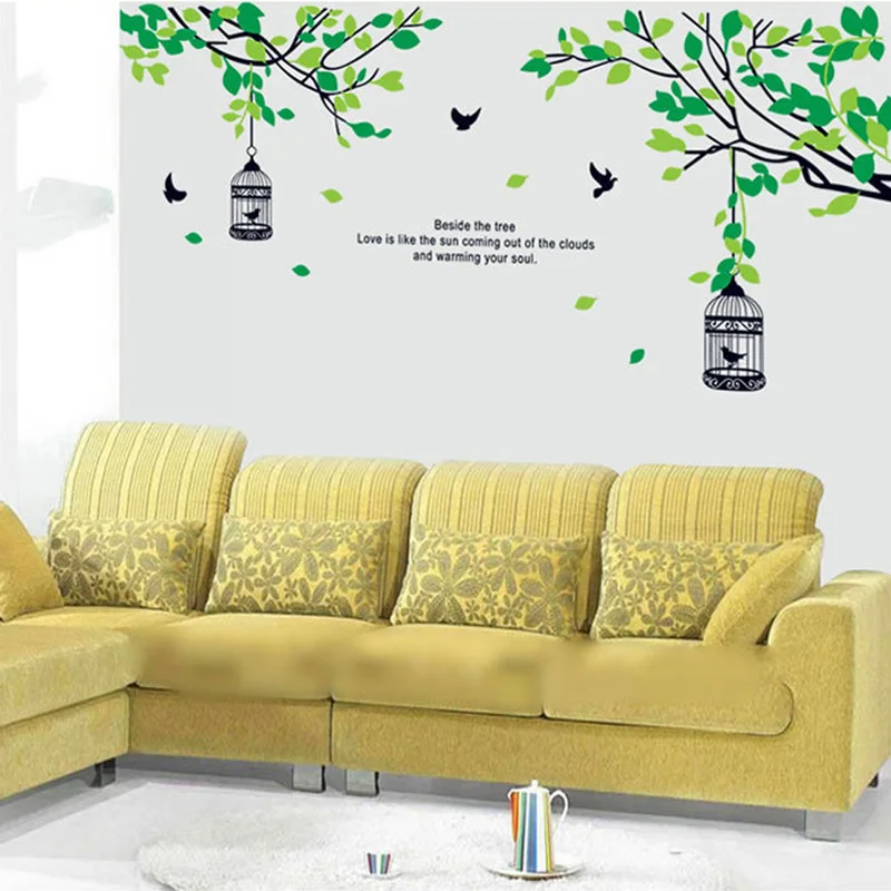 green color tree branche birdcage bird home wall decal living room