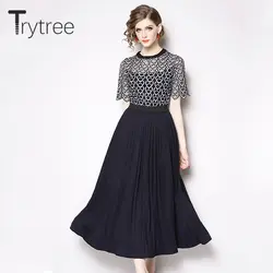 Trytree весна лето платье Элегантное ТРАПЕЦИЕВИДНОЕ женское открытое лоскутное плиссированное платье до щиколотки повседневное полиэфирное