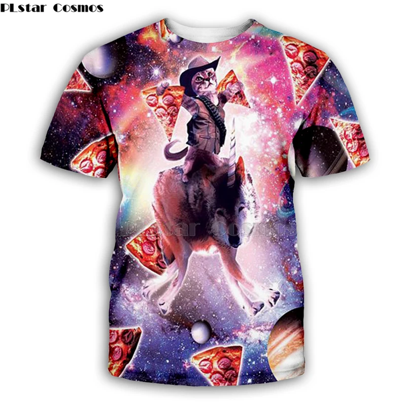 

new Starry sky Wolf cat and Pizza t shirts men/women 3d t Shirt Summer Tops Tees Clothing Short Sleeve Casual Wear-3