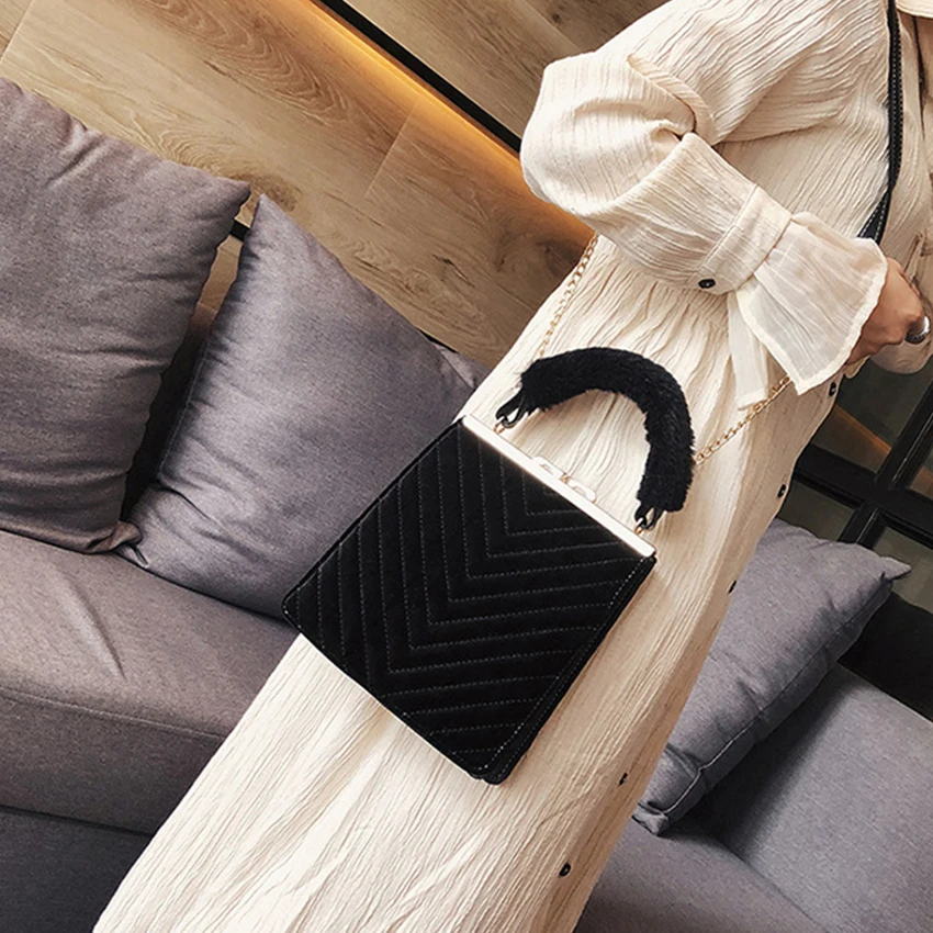 

Brand Stripe Embroidery Velvet Women Handbag Fashion Plush Handle Clip Bag Chain Shoulder Messenger Bag Lady Chic Small Flap Bag