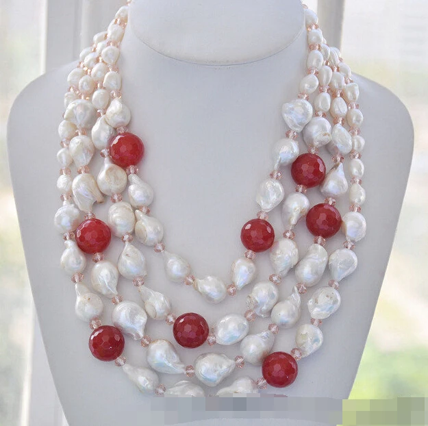 

1757 white baroque keshi reborn pearl red jade crystal NECKLACE