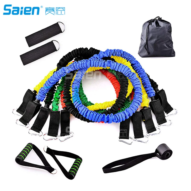 

Resistance Bands Set 11 Pieces include 5 Stackable Exercise Bands with Door Anchor, Ankle Straps, Foam Handles and Carrying Bag