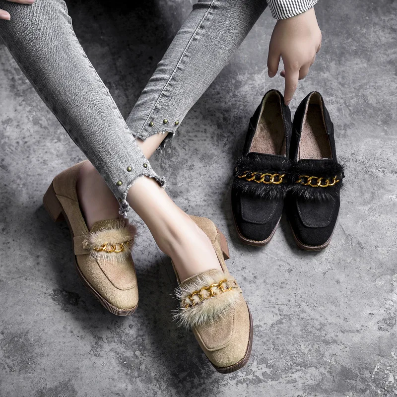 

Female Autumn and Winter New British Coarse-heeled Leather Shoes with Velvet Bean Shoes Big Size Shoes