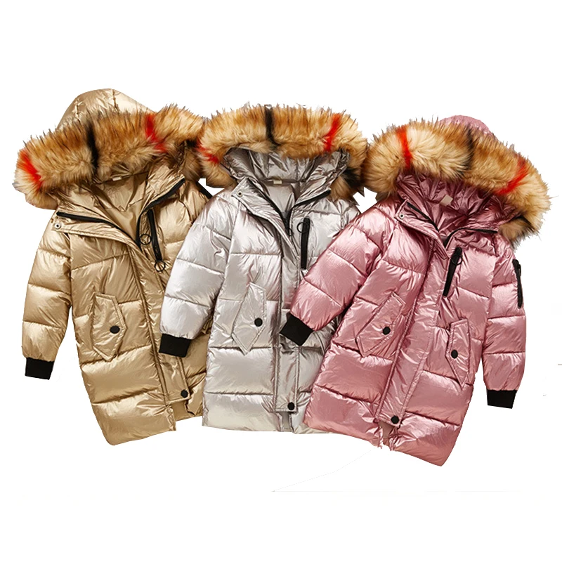 

Children Winter Clothes Girls Christmas Gold Silver Warm Fur Collar Hooded Long Park Down Snow Coats For Girls Outerwear New