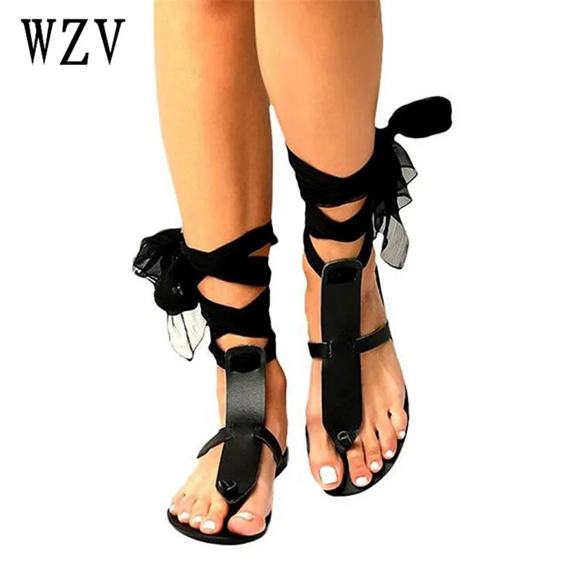 

2018 Women Sandals Gladiator Sandal Sexy Cutout Knee High Sandalias Flip Flops Roman Style Lace-up Woman Flat sandals