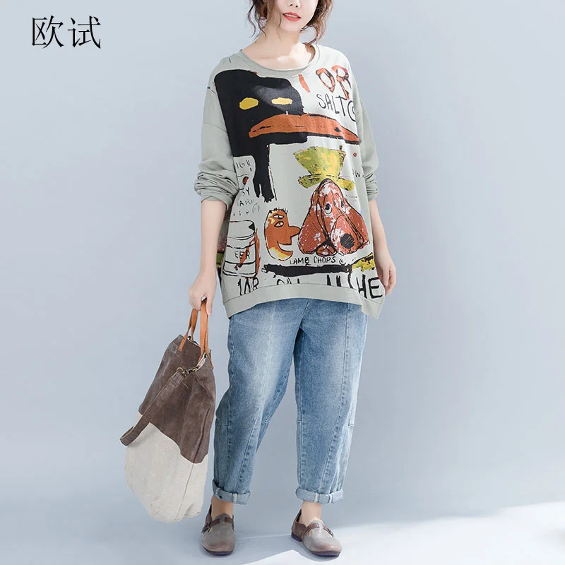  Women Streetwear Kawaii Sweatshirt Cartoon Print Autumn Plus Size Retro Sweatshirts Casual Long Sle