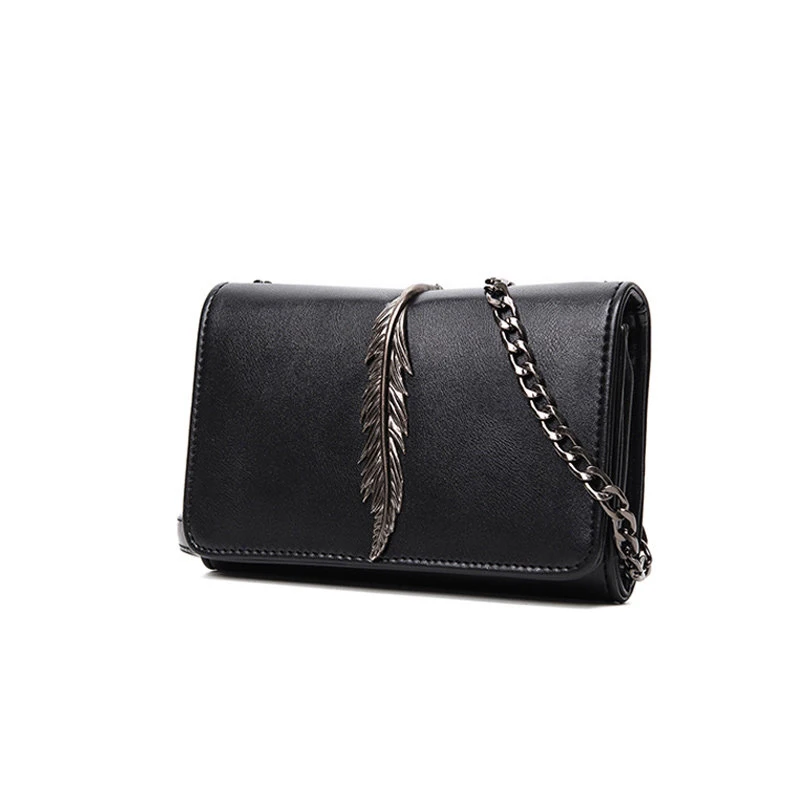 Metallic Leaf Stylish Crossbody Bag Women Casual Simple Chain Bag Classy Black Grey PU Hand Bag