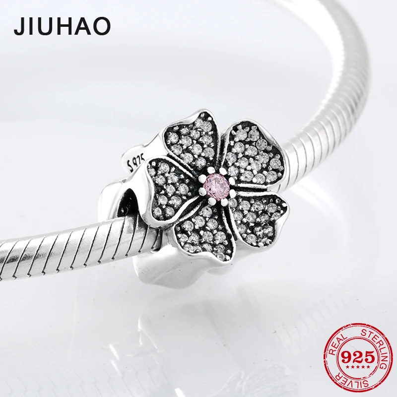 

New Spring Flower Shape Beads 925 Sterling Silver Fit Original Pandora Bracelet Pendant Necklace Pink and clear Zircon Jewelry