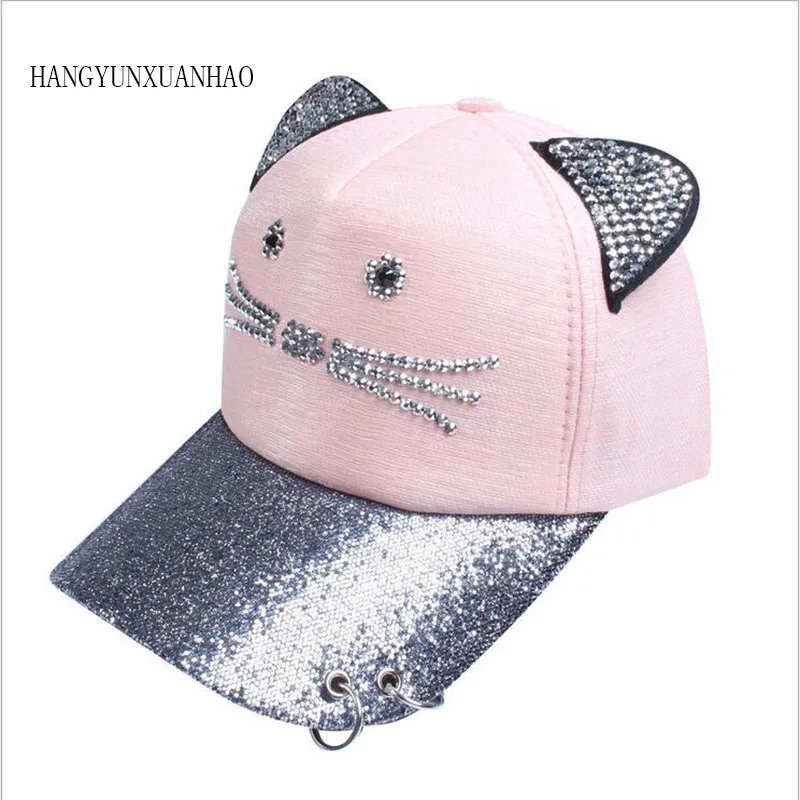 

HANGYUNXUANHAO 2019 New Meow Women's Summer Fall Hat Cat Ears Cat Baseball Cap With Rings And Lace Cute Girl Hat